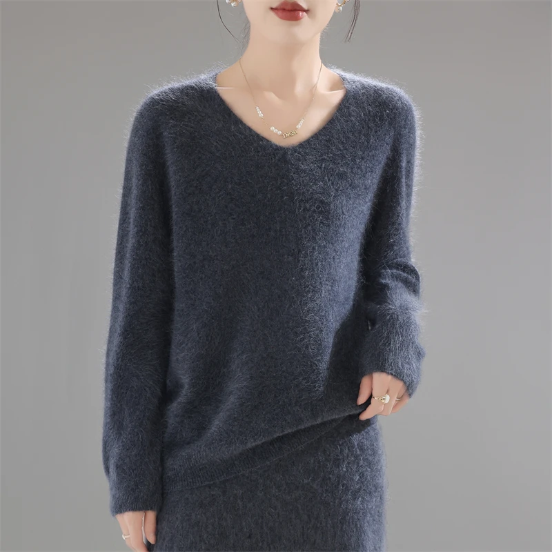 

100% Merino Wool Winter Women's Thicken Loose Pullover Cashmere Sweater Long Sleeved Solid Color Knitted Bottom Sweaters 2025