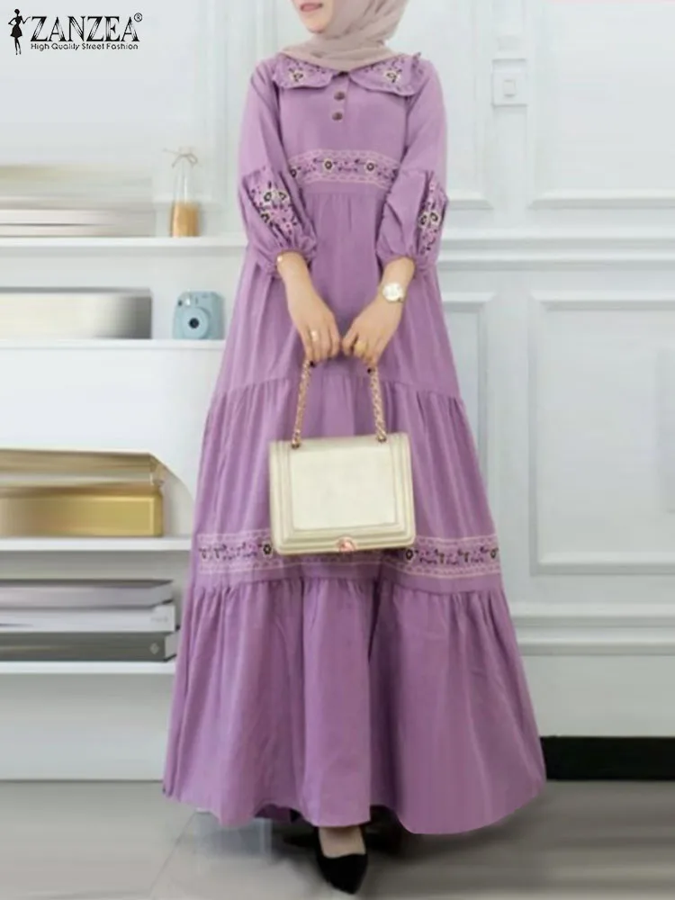 

ZANZEA Elegant Loose Sundress Woman Fashion Floral Printed Muslim Dress 3/4 Sleeve Lapel Neck Maxi Robe Holiday Abaya Vestidos