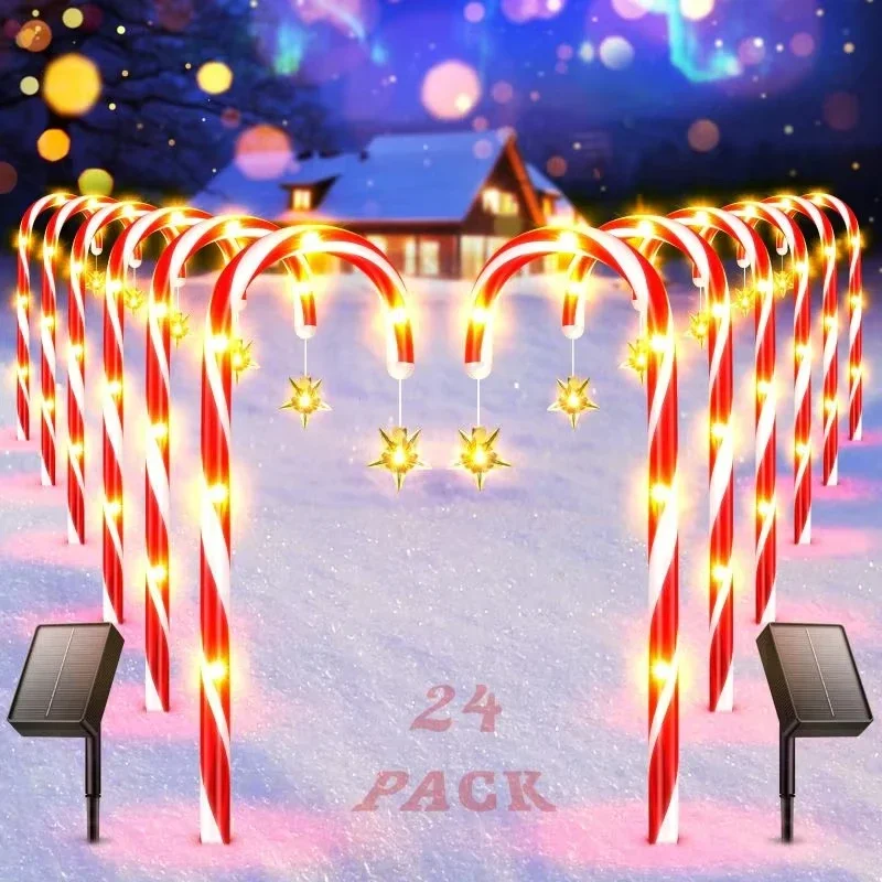 Christmas Solar Candy Cane Lights With Star Snowflakes Santa Claus Candy Cane Lights Christmas Waterproof Candy Cane Fairy Light