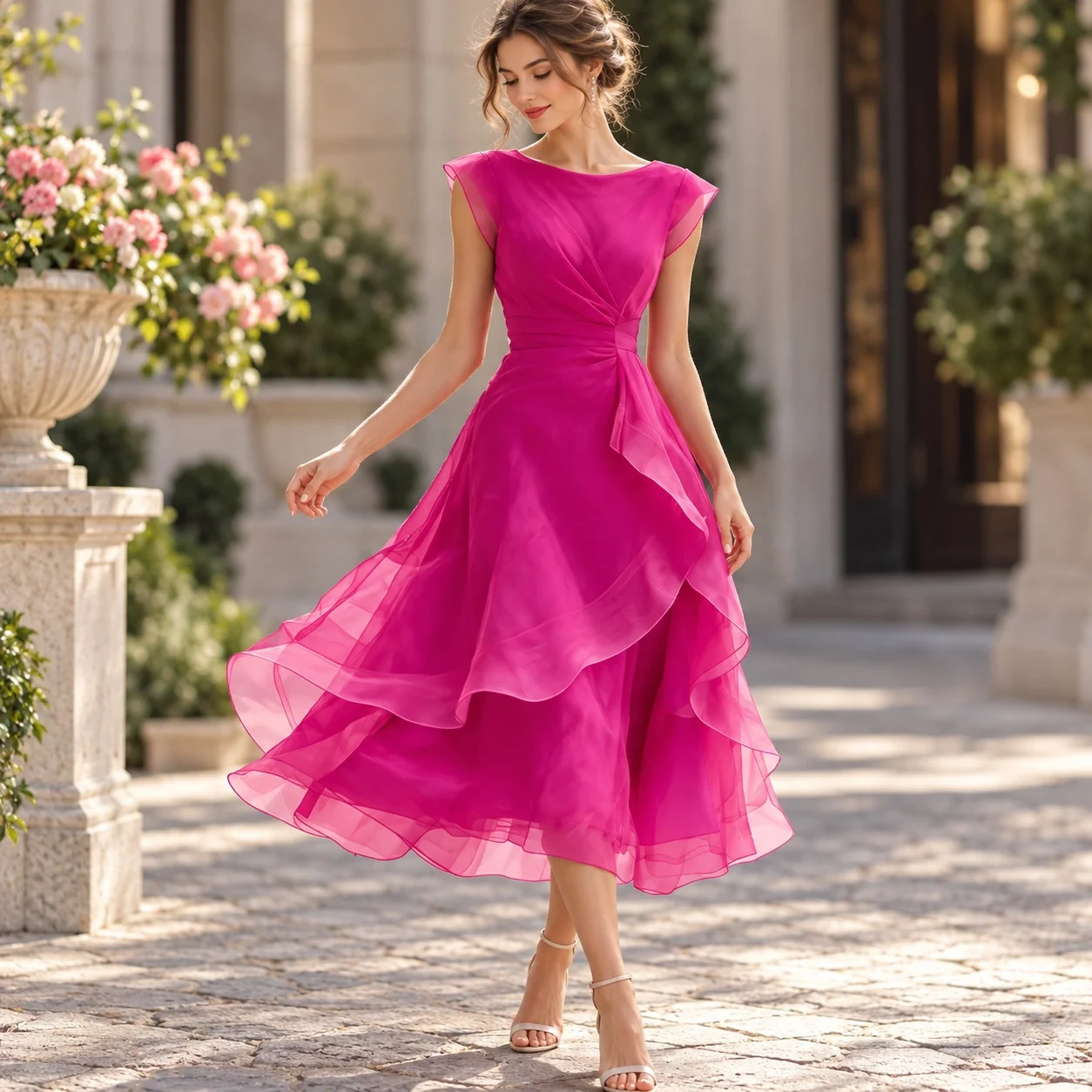 Lined Ruffle Dress Mid Waist Private Celebrity Style with Elegant Date Regular Sleeve Midi Length Slim Fit Party Dress for Women