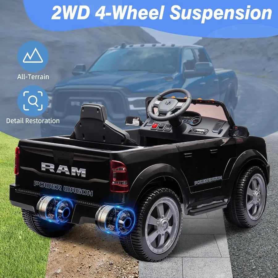 12V 電動乗用玩具（4～8歳向け）ライセンス取得済み Ram 2500 電動カー、リモコン付き、LEDライト/音楽/MP3、後部収納とカップホルダー付き