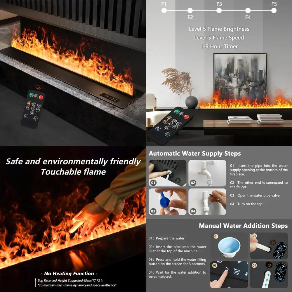 

Realistic Atomized Flame Electric Fireplace with Manual and Remote Water Control