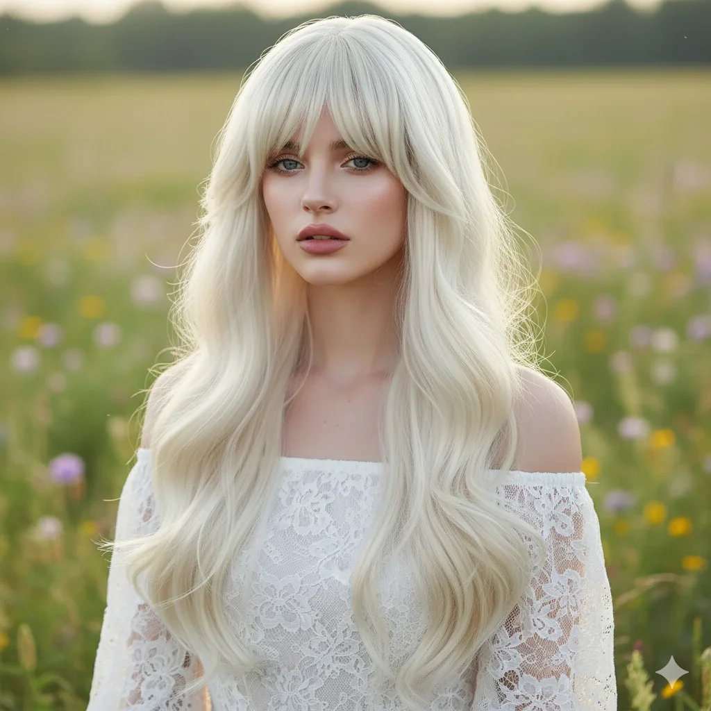 

Белый светлый парик для женщин 26-дюймовый длинный волнистый парик из волос Термостойкие белые парики с челкой Синтетические парики Лолиты 가발