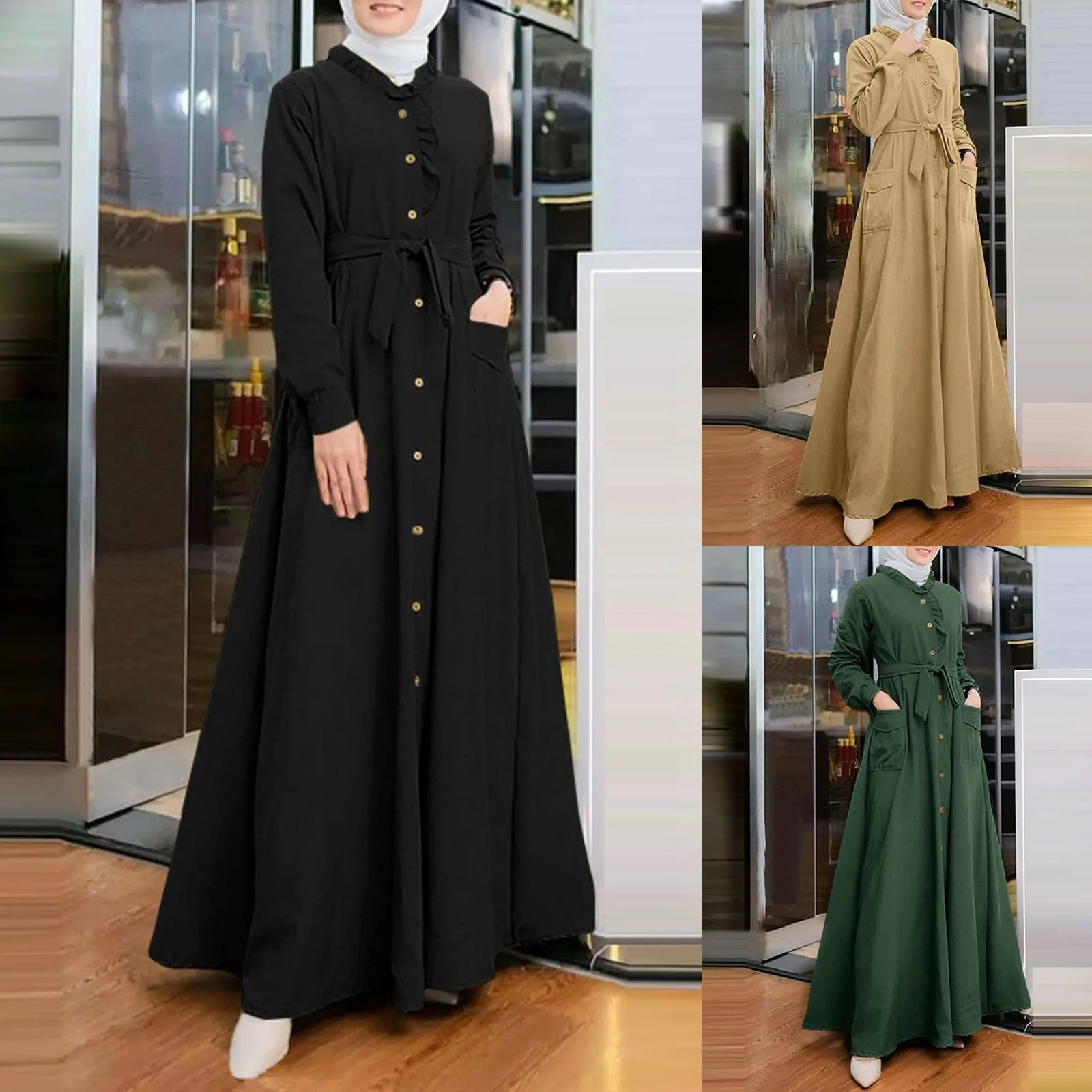 Maxivestido musulmán de manga larga para mujer, ropa informal holgada con botones, Abaya, Dubái, Turquía, verano, 2024