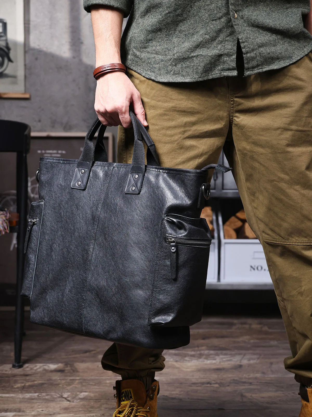 Organizers designers handmade genuine leather men's large-capacity briefcase business casual cow leather black laptop handbag