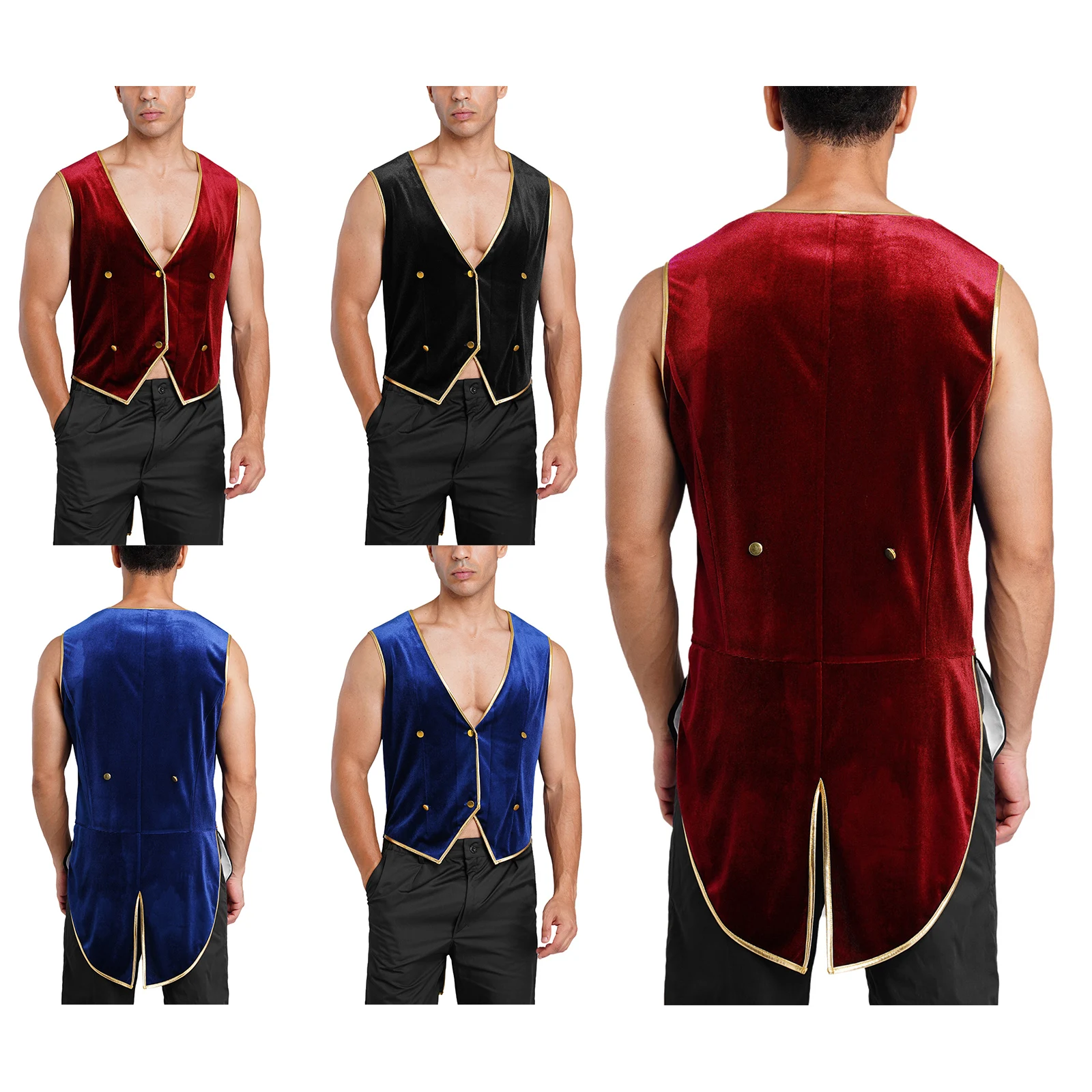 Mens Retro Medieval Velvet Tailcoat Sleeveless Vest with Metallic Shiny Trims V Neck Button-down Blazer for Halloween Dress Up