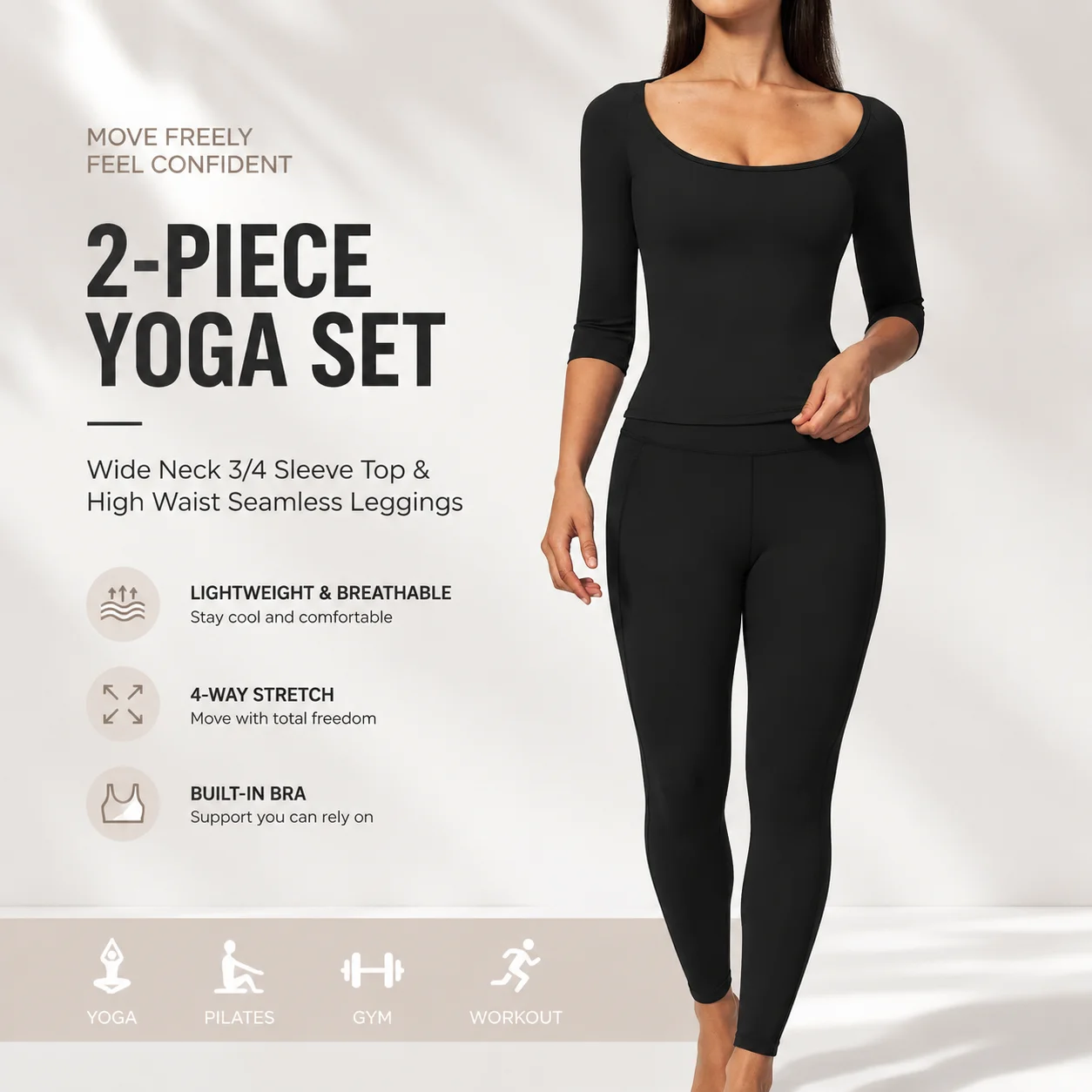 Women's Wide Neck 3/4 Sleeve Top and High Waist Seamless Leggings Set Slim Fit 2-Piece Yoga Workout Outfit with Built-in Bra for