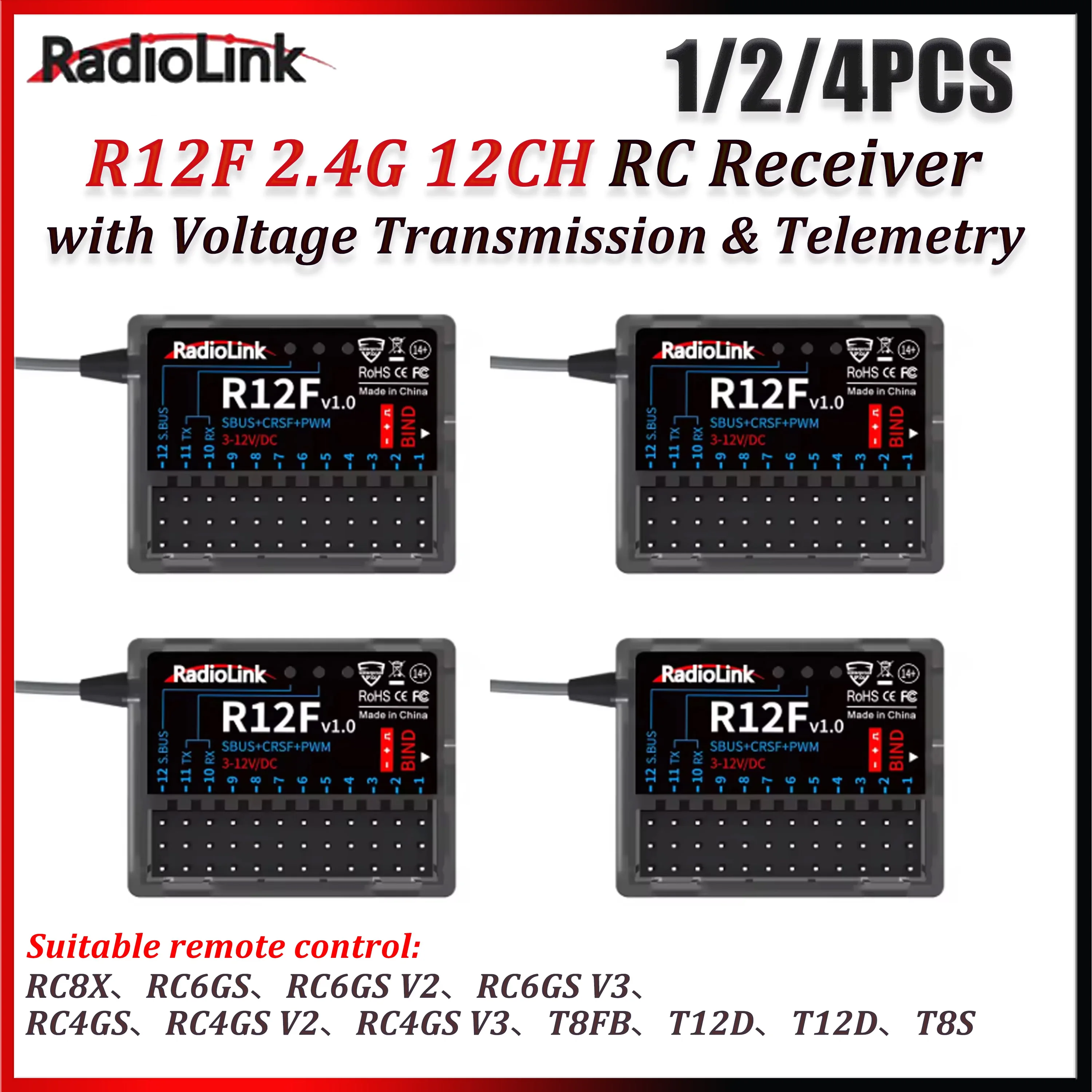 

1/2/4PCS Radiolink R12F 12-Channel 2.4G RC Receiver with Voltage Transmission & Telemetry Long Range RX for RC Crawler Drift Car