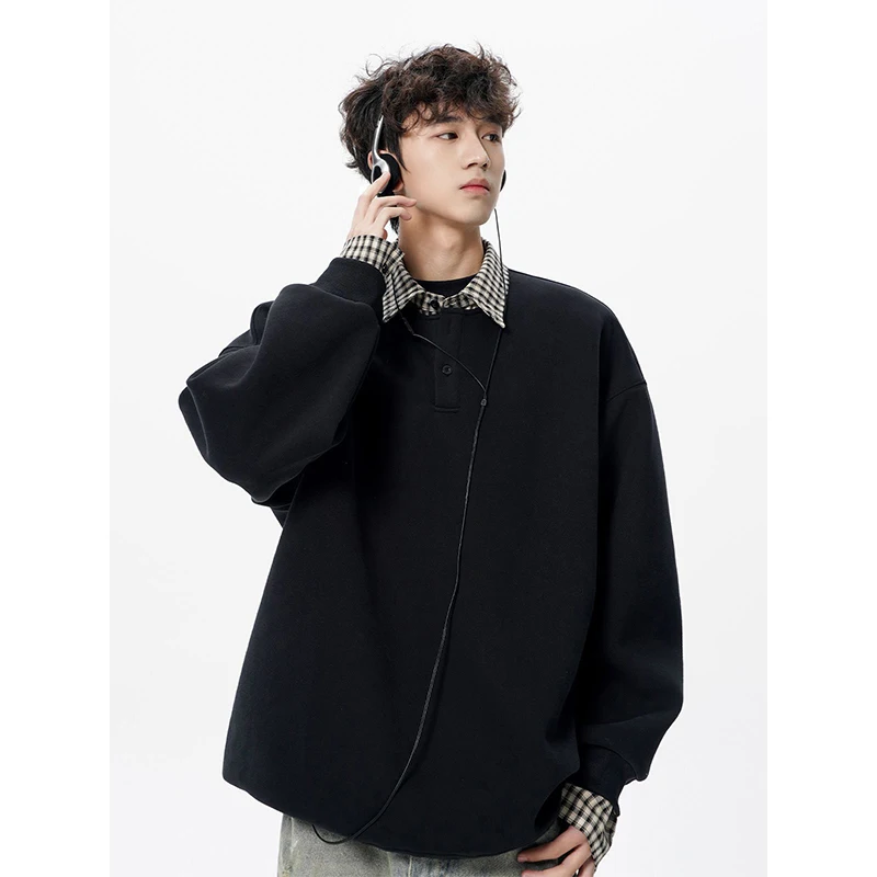 Vintage Spliced Plaid Men Long Sleeve Polo Sweatshirt Fall Winter Teenager Loose Preppy Style Fashion Simple Fake Two Piece Tops