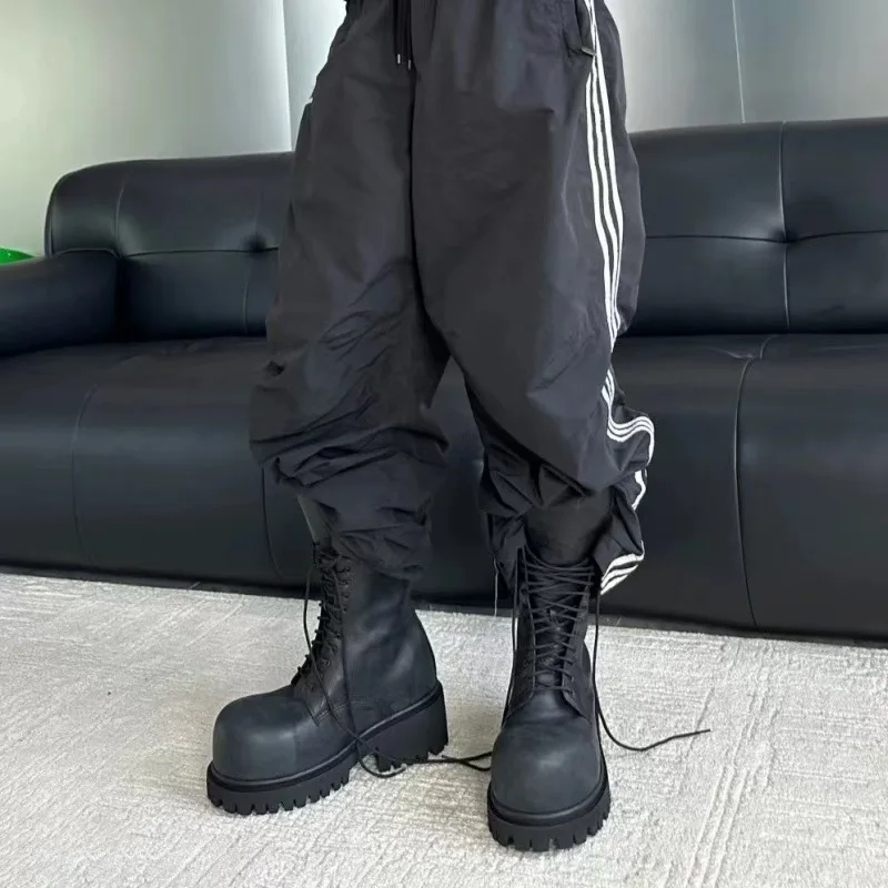 Big Toe Thick Bottom Lace Up Motorcycle Boots for Men and Women Thick Heel Upturned Round Toe Middle Tube Knight Boots
