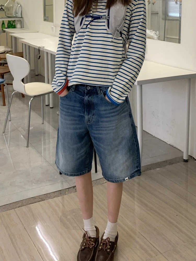 2024 Teen Student Denim Baggy Knee Shorts High Waisted For Women Fashion Casual Summer Retro Blue Loose Jeans Jorts Wide Shorts