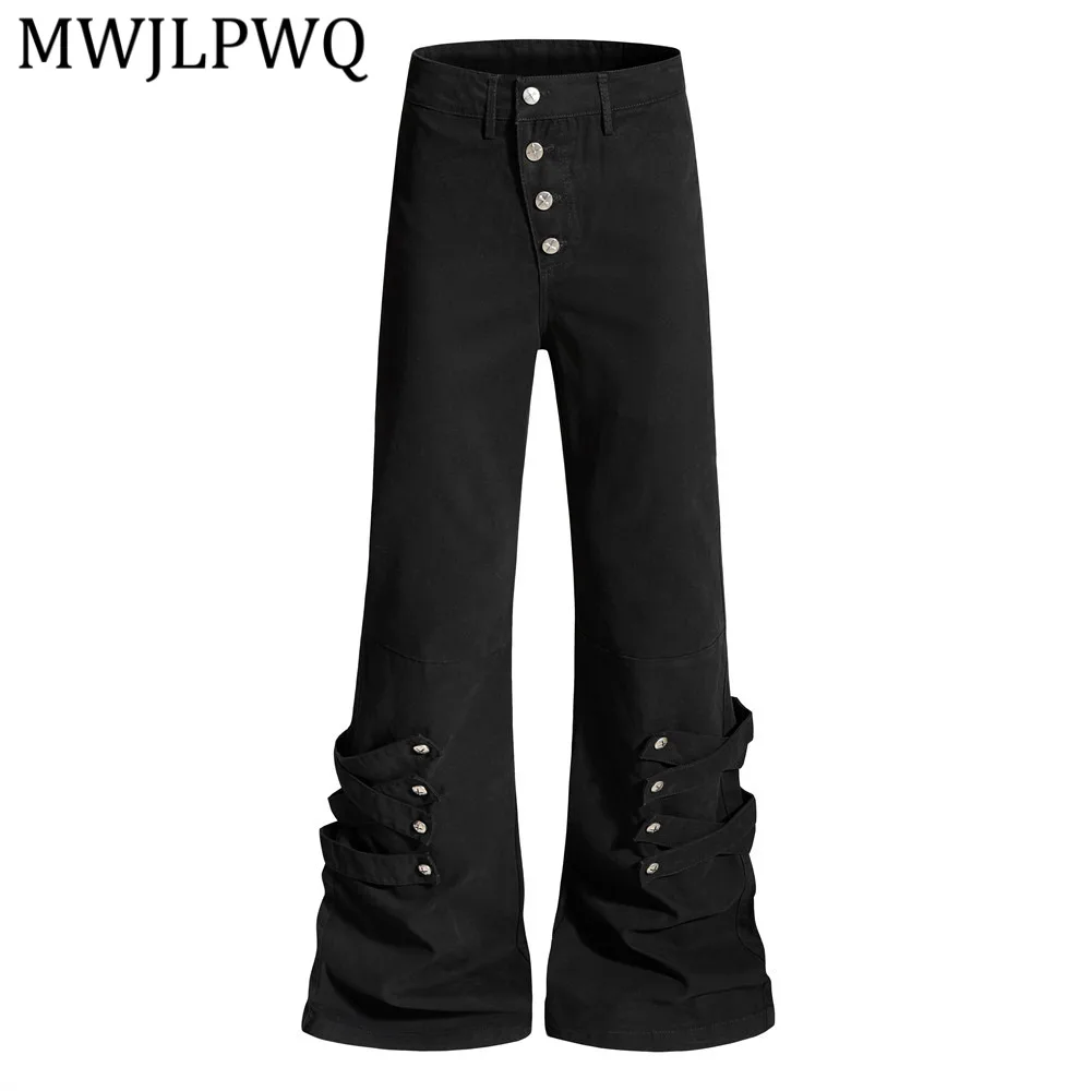 MWJLPWQ Men's Bell-Bottom Vibe Wide-Leg Trousers Ribbons Diagonal Button Streetwear Stylish Spring Autumn Casual Pants 16037