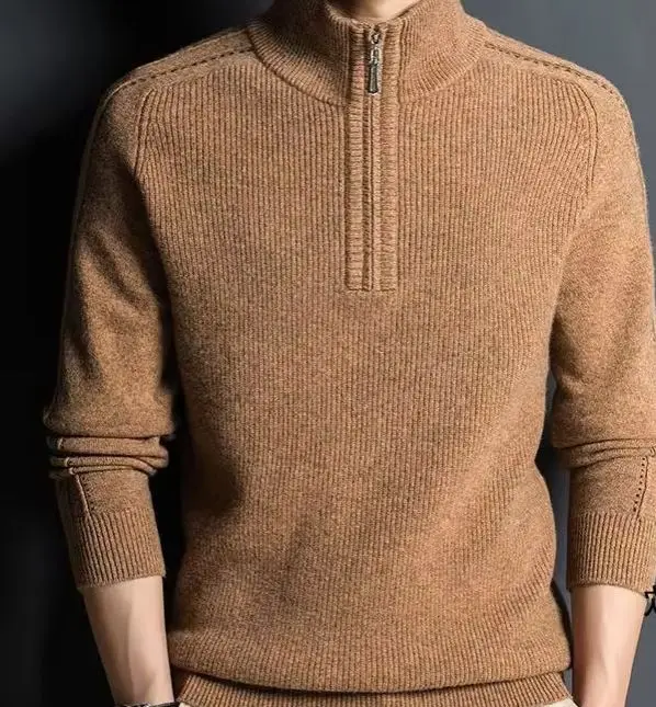 100% pure sweater men's zipper high neck middle-aged winter sweater casual warm knit bottoming shirt