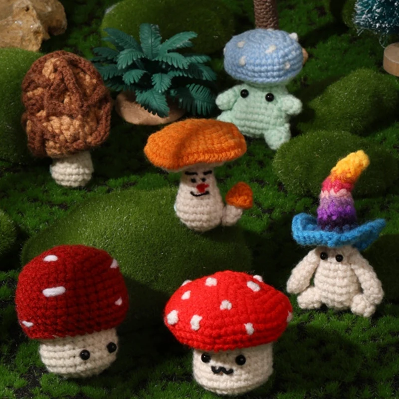 Crochet Kit DIY Mushroom Crochet Kit With Knitting Yarn Needles Plush Doll Easy(6 In 1 Set)