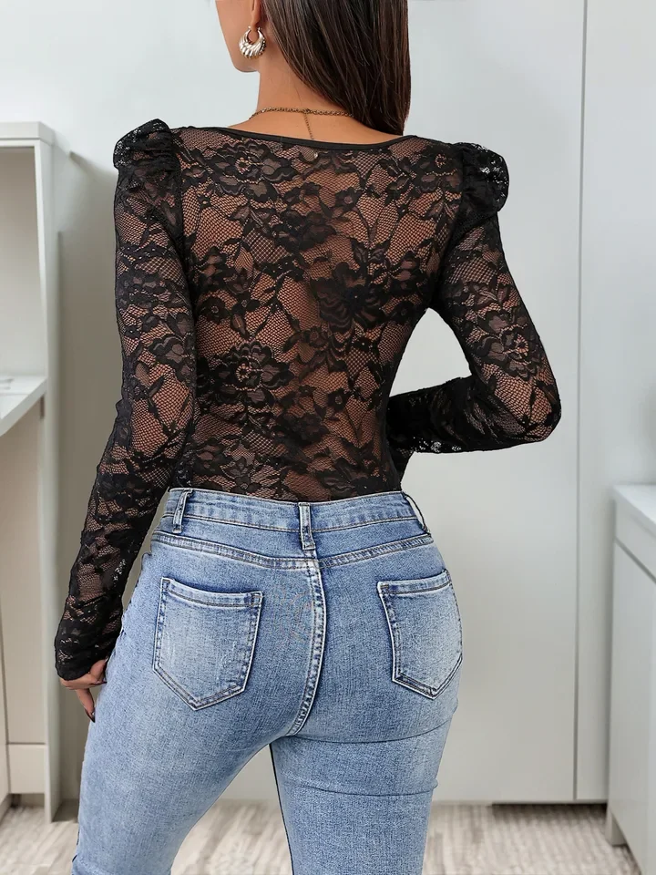 New Spring Autumn Women's Lace Splicing Black Jumpsuit Temperament Commuting Female Fashion Slim Long Sleeve Elegant Bodysuits