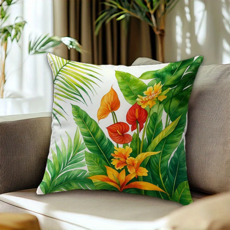 Bohemian Tropical Floral Printed Pillow Cover Set Cushion Cases Polyester Washable Jungle Print Statement Pillow for Sofa Decor