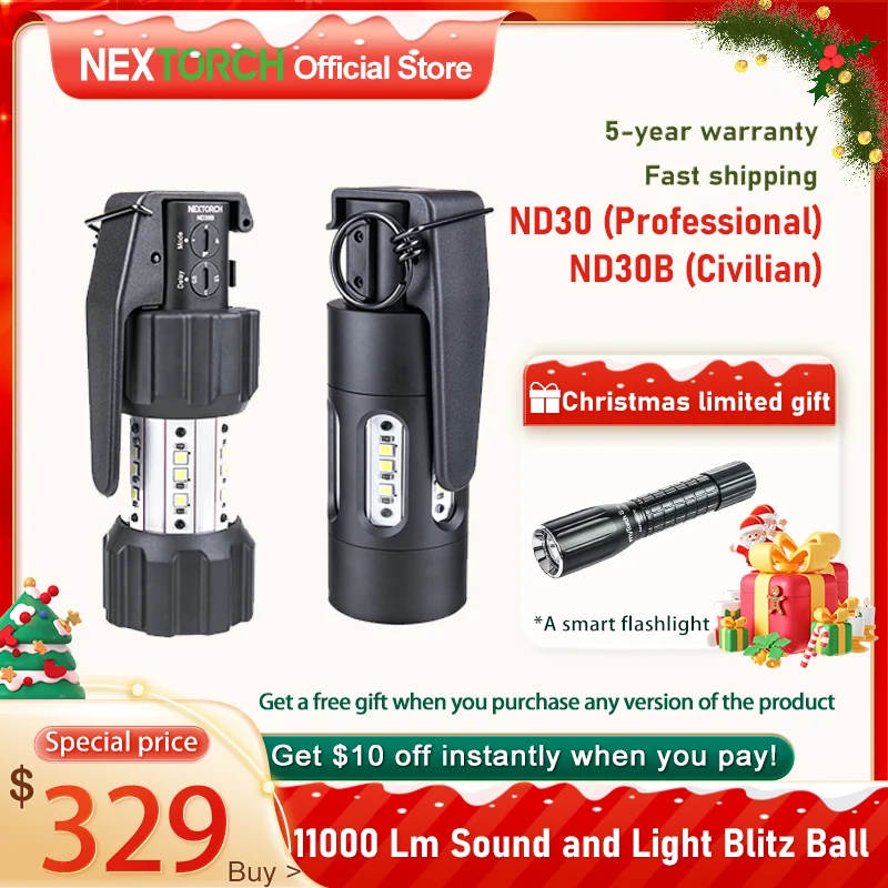 NEXTORCH ND30 ND30B 11000 لومن جهاز التشويه التكتيكي 130 ديسيبل LED مصباح يدوي تكتيكي قوي، سحب سريع محمول، 1225 قرص مضغوط