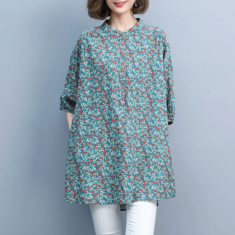 Summer Fashion Vintage Floral Print Oversized Cotton Linen Long Top Blouse Women Casual Half Sleeve Shirts Blusas Mujer Clothing