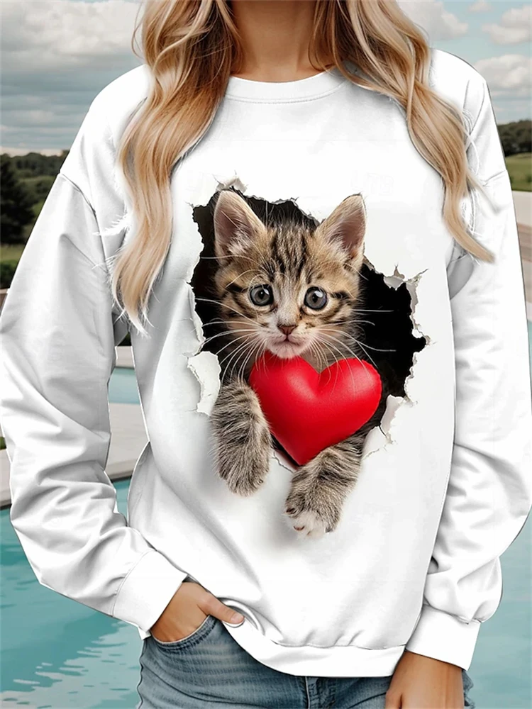 Women's Round Neck Hoodless Sweatshirt Animal Cat 3D Printed Sweater Fall And Winter Europe And The United States T-shirt Womens