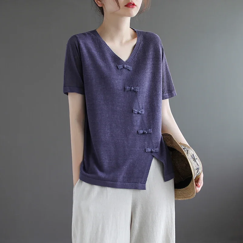 Traditional Chinese Tops Summer Cheongsam Top V-Neck Short Sleeve T-Shirt Casual Knitted Chinese Style Clothing Women 11468