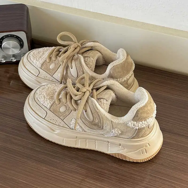 BEAUTODAY Furry Sneakers Women Suede Leather Mixed Colors Non-Slip Lace-up Warm Casual Winter Ladies Shoes Handmad MS1C003