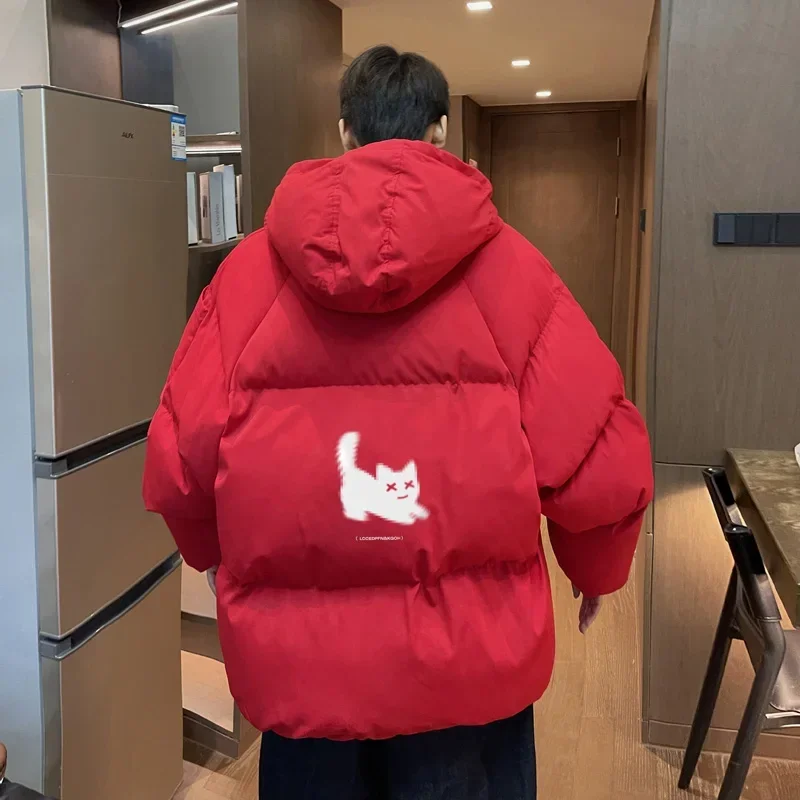 Winter Bread Jacket Winter for Men Fashion Warm Male Parkas Big Size Cat Print Men's Cotton Coat Oversize Men Clothing 2024