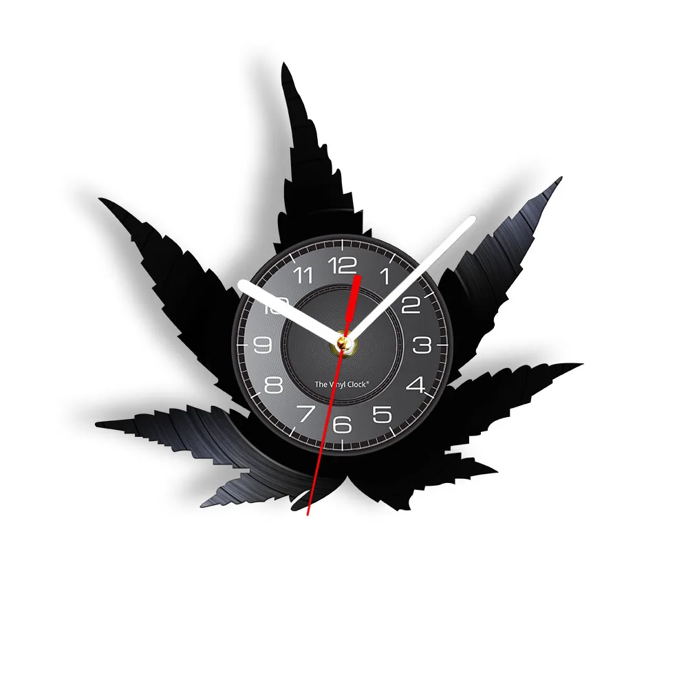 Weed Leaf Retro Wall Clock Vinyl Record Wall Clock Non-Ticking Marijuana Leaf Silhouette Green Artistic Herbal Medicine Wall Art