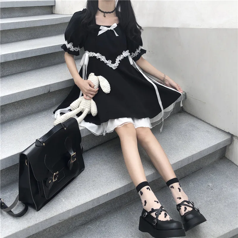 

Japanes Summer Gothic Dress Girl Vintage Square Collar Kawaii Cute Lace Lace Up Y2k Black Dress Sweety Ruffles Puff Sleeve Dress