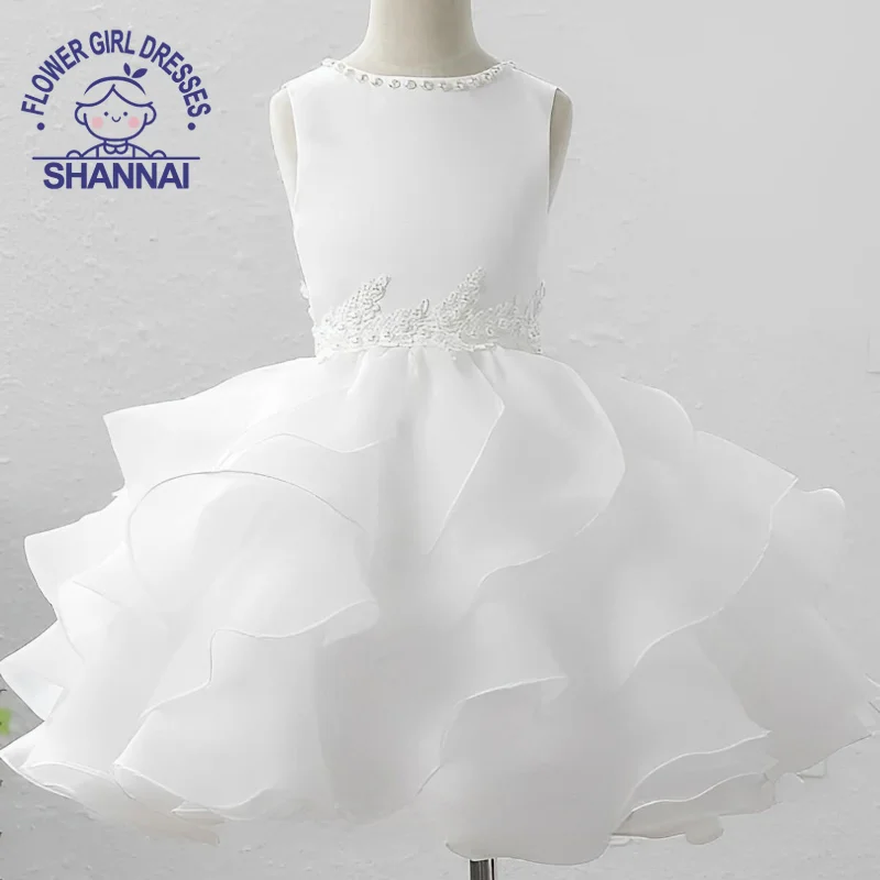 Gorgeous White Puffy Knee Ball Gown with Detachable Trail Flower Girl Dresses for Wedding Bridesmaids Prom Birthday 1-14 Years