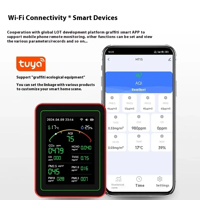 1Pc WiFi 15in1 Air Quality Detector TFT  Display Portable AQI PM0.3 PM1.0 PM2.5 PM10 CO CO2 TVOC HCHC Tester APPControl Detector