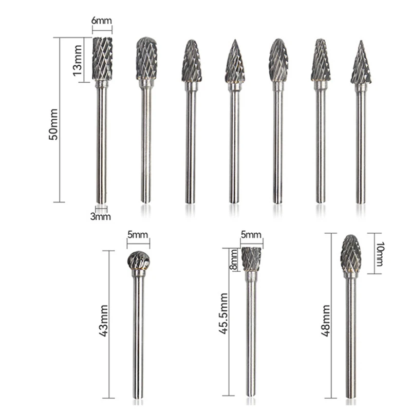 10 pçs liga dura arquivo rotativo 3*6 grão duplo tungstênio aço moagem cabeça elétrica carpintaria arquivo de moagem conjunto de ferramentas acessórios