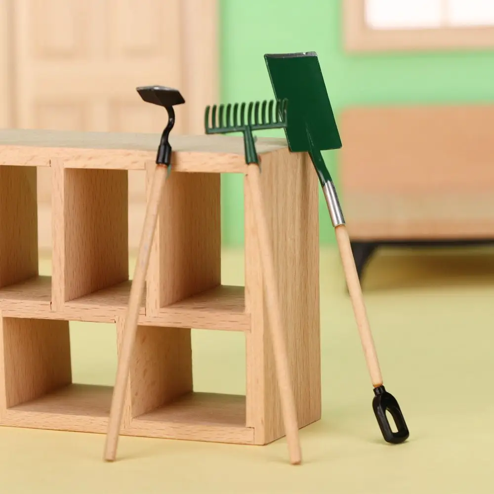 1 conjunto de brinquedos jogando casa rega pote micro paisagem casa bonecas acessórios kits agricultura ferramentas em miniatura pá enxada madeira