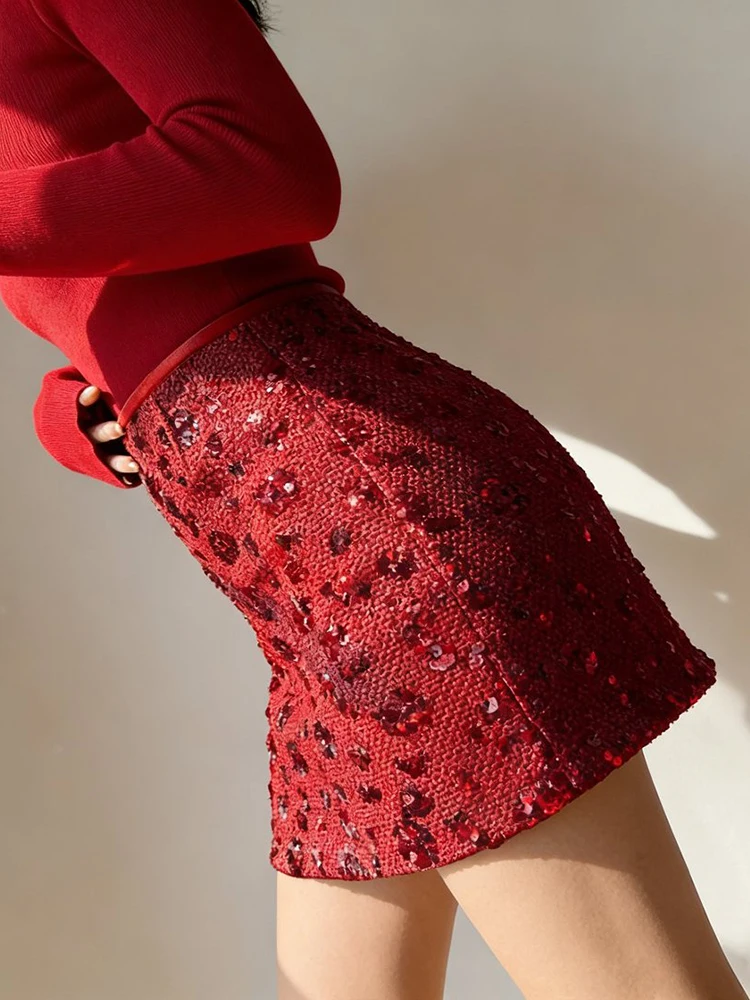 Christmas Red Women's Bling Tweed Pencil Skirt With Sequins Autumn Winter Slim Sexy Nigh Club Mini Short Skirts Woman