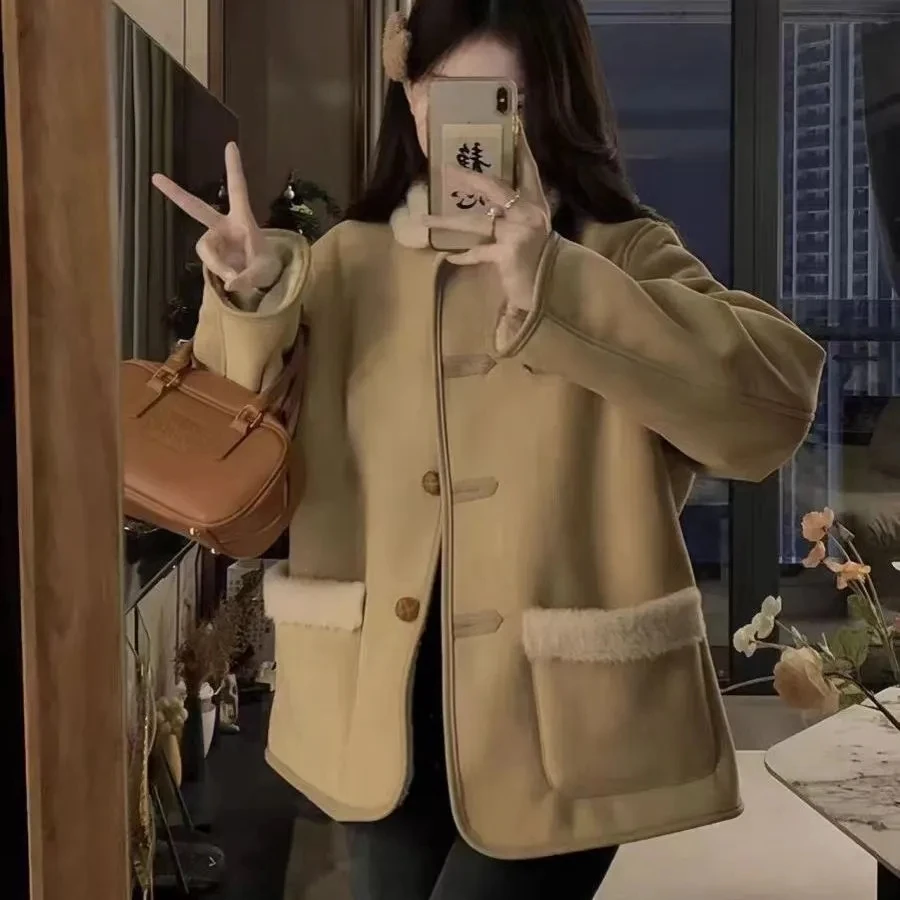 

Корейское зимнее женское теплое толстое короткое пальто из овечьей шерсти, универсальное, элегантное, модное, простой топ для холодной погоды