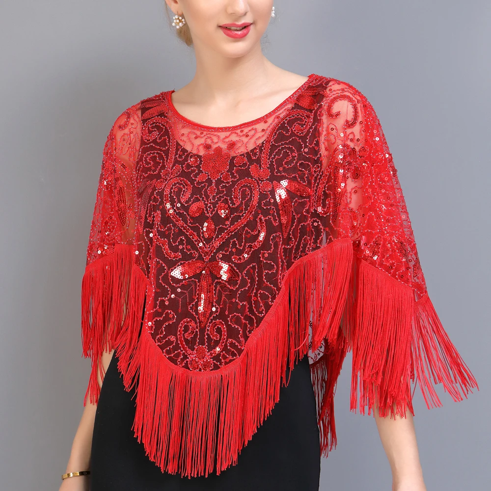 

New Woman Vintage Evening Cape 1920s Flapper Dress Accessories Shawls Scarves Wraps Poncho Sequin Beaded Fringe Cover Up Black