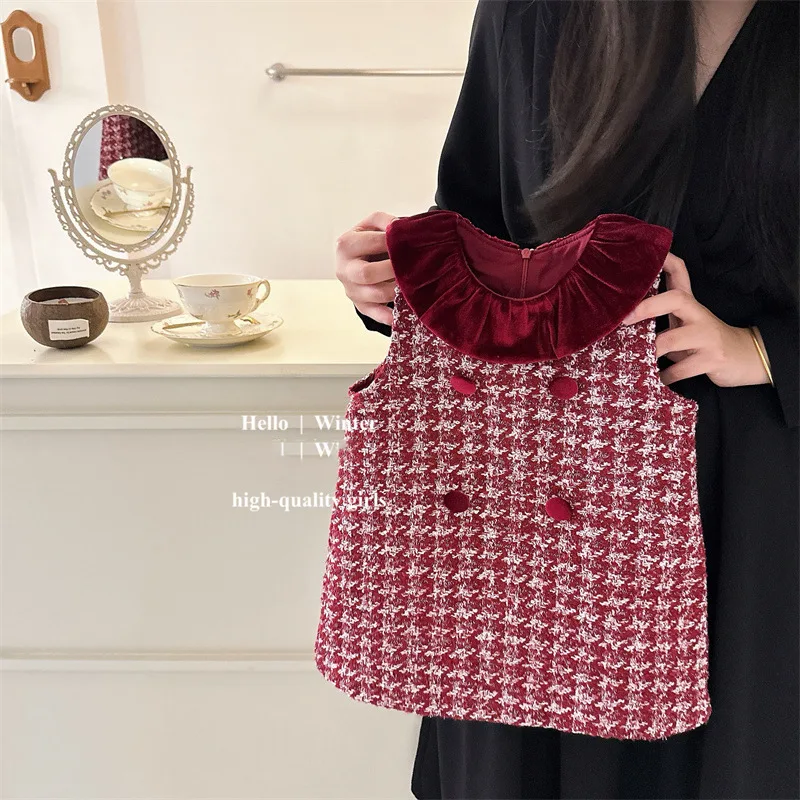 Childrens Clothing Set 2024 New Girls Vest Skirt Winter Fashion T-shirt Baby Doll Collar Plaid Dress Two-piece Set