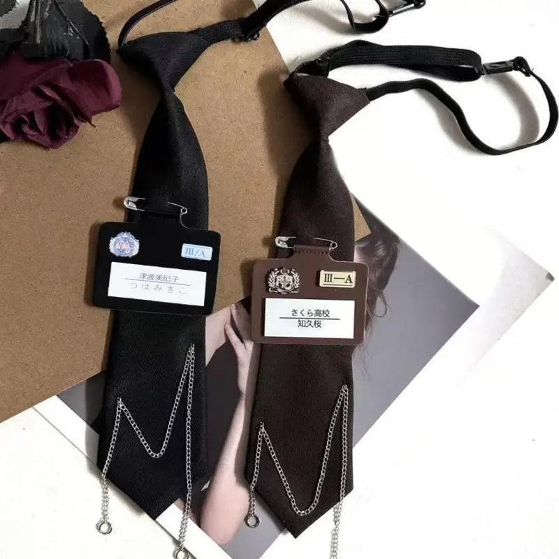 39BD Campus Preppy Necktie with Pin Name Badge and Chain Japanese Pre Tied Neck Tie
