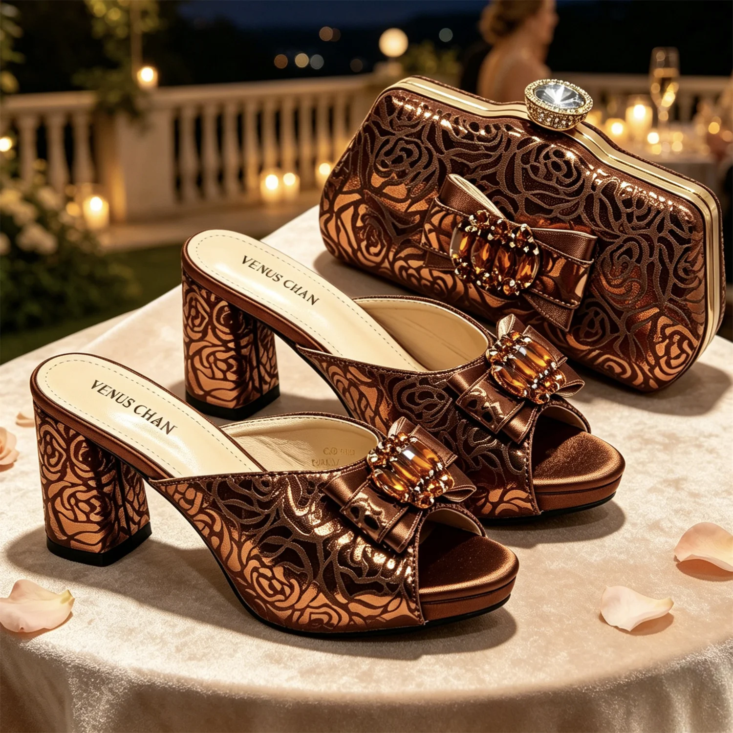 Brown Rose Print Women Shoes And Bag Set Rhinestone Bow Chunky Block Heel Mules Wedding Party Evening Matching Clutch Purse