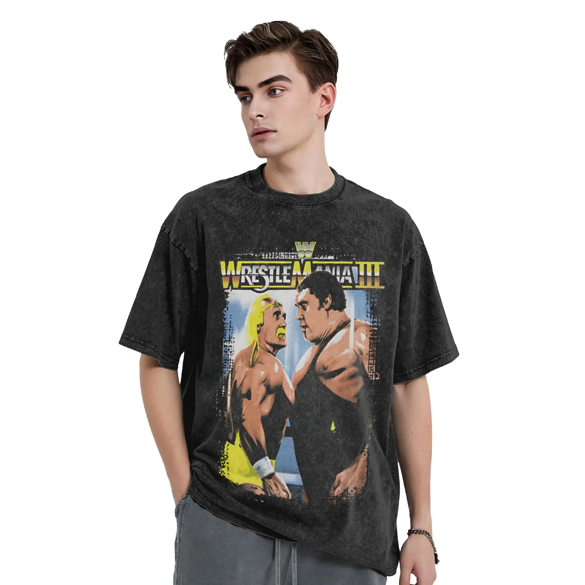 هالك هوجان مقابل أندريه المصارعة العملاقة مانيا III غسلها تي شيرت الرجال Y2K الكلاسيكية تي شيرتات قطن الصيف ملابس فضفاضة كبيرة الحجم