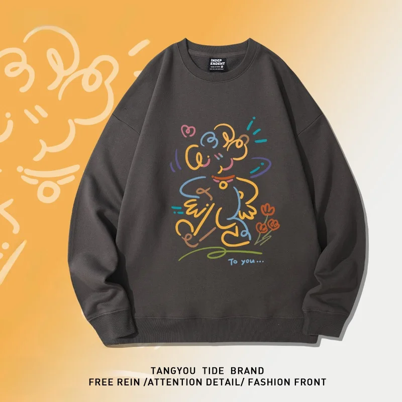 

American Retro round Ne Cartoon Line Dog Print Men's Casual Sweatirt New Autumn Winter Loose Men's Clothing Top