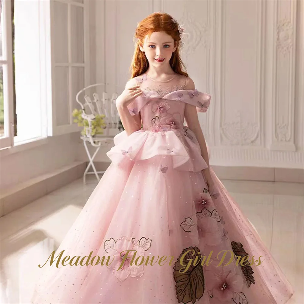 Meadow Blush Pink Pageant Dress for Girl Round Neck Children Birthday Wedding Dresses Short Sleeve Ball Gown Party Tutu Dresses