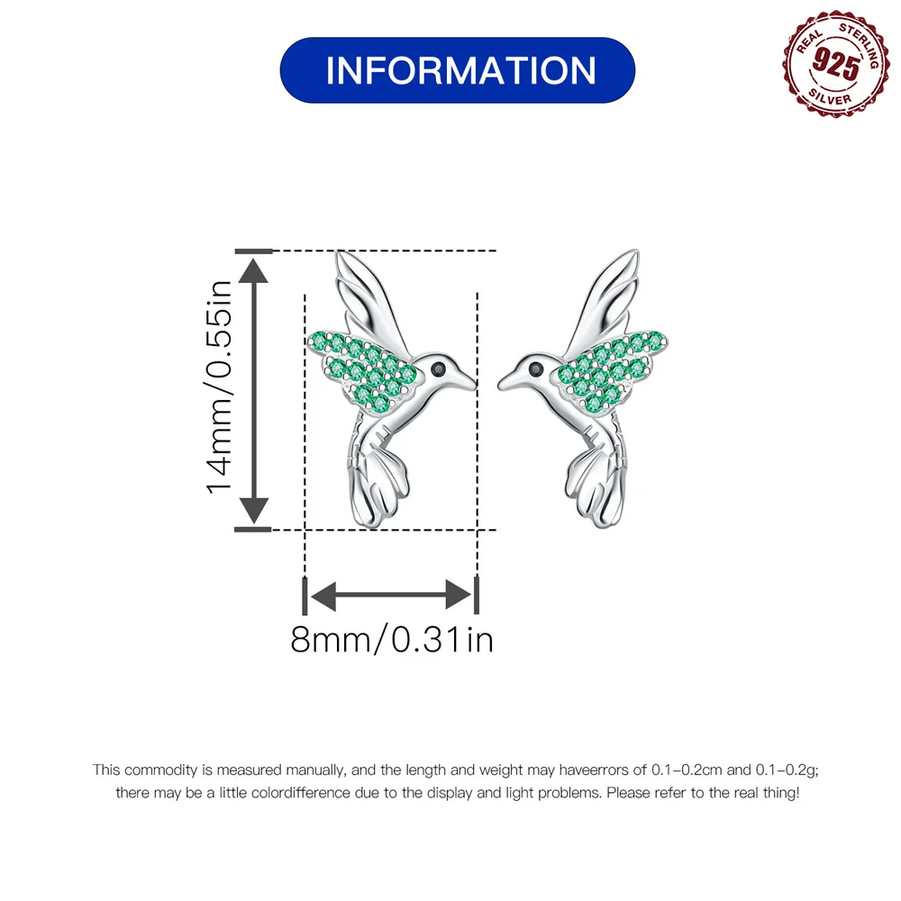 925 فضة الحرة تحلق الأخضر أوائل الربيع الطيور الزركون وأقراط الأزياء أقراط مجوهرات هدايا للنساء الفتيات