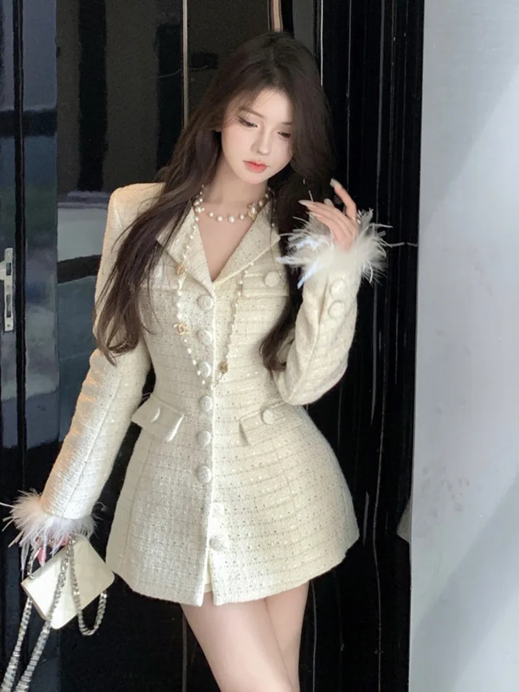 High Quality Elegant Fur Patchwork Women Outerwears 2024 Winter Single Breasted Korean Fashion Slim Waist Medium-long Coat