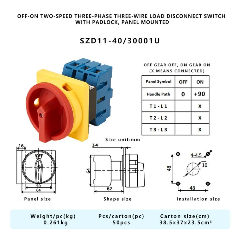 40A Load Break Switch 3-Phase 3-Wire Isolating Type Panel Mount with Flame Retardant and Heat Resistant Housing