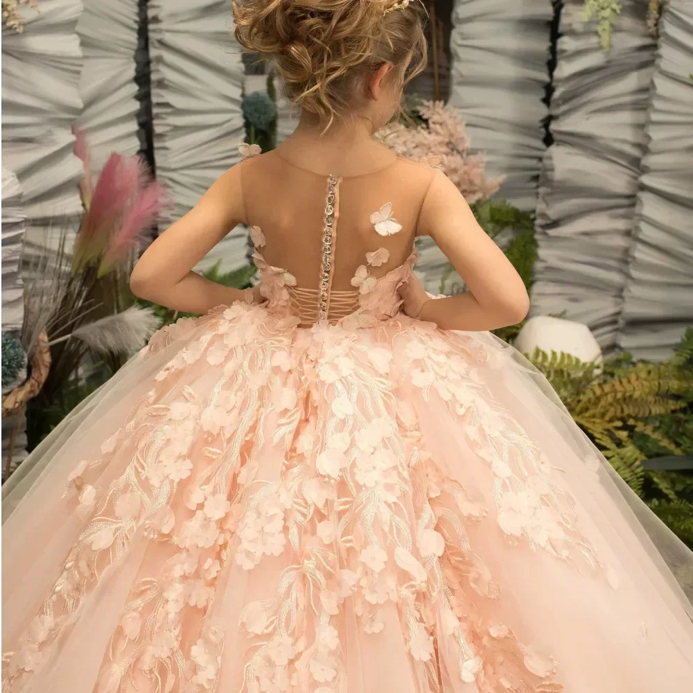 For Kids 3D Floral Butterfly Appliques Princess Communion Pageant Pink Sleeveless Flower Girl Dresses for Wedding Party Dress