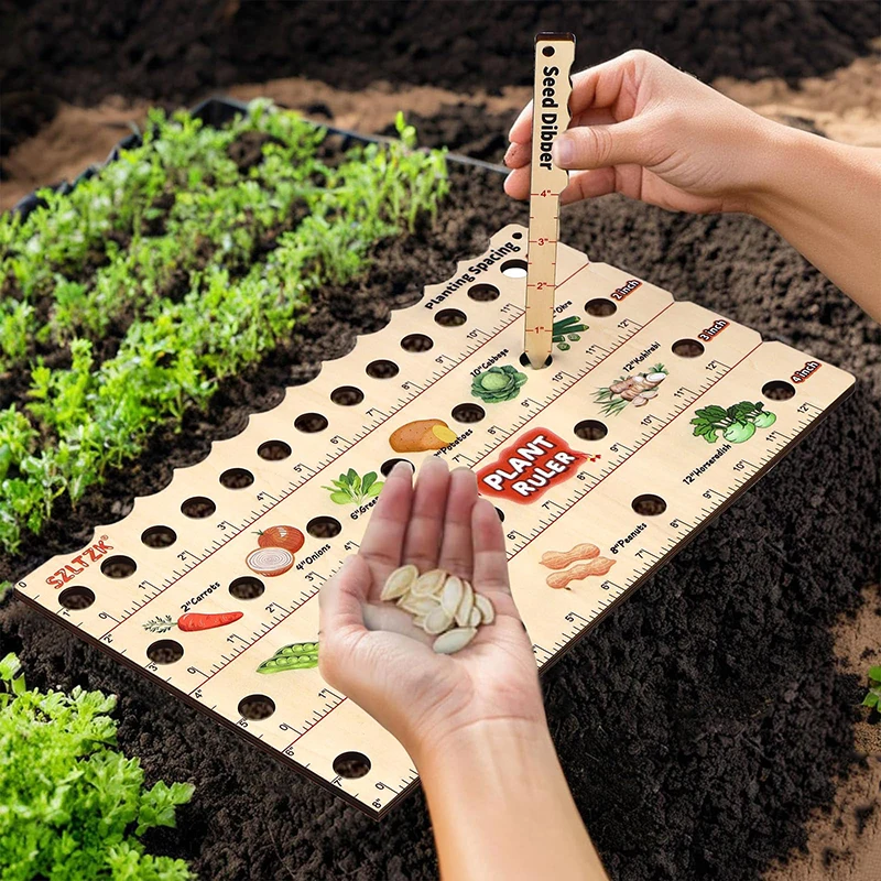 Wooden Plant Ruler With Seed Dibber Seeding Space Tool Seed Planting Ruler With Holes Portable Garden Ruler With Plant Dibber