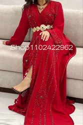 Red Beaded Crystal Stain Muslim Prom Dresses Long Sleeve Maroc Marcus Caftan Takchita Arabic Dubai Evening Occasion Gown