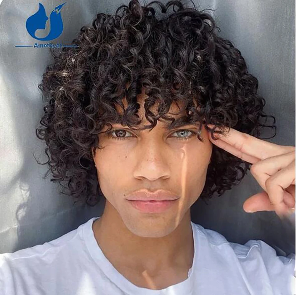 Amethyst 200% Remy Brazilian Human Hair Wig for Men Curly Short Bob O Scalp Top Full Machine Made Wig Natural Black Pre Styled