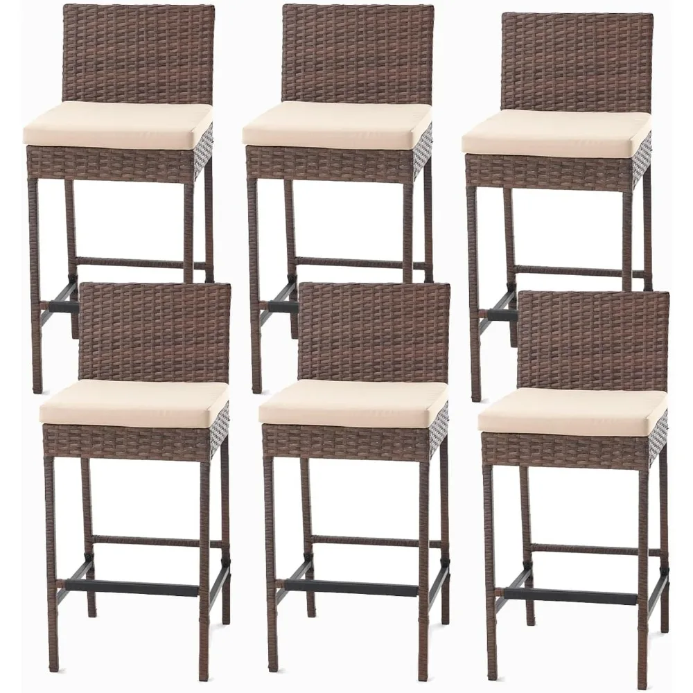 Outdoor Bar Stools, Wicker Woven Patio Stools & Patio Bar Chairs with Seat Cushion and Cozy Footrest, Rattan Furniture Armless