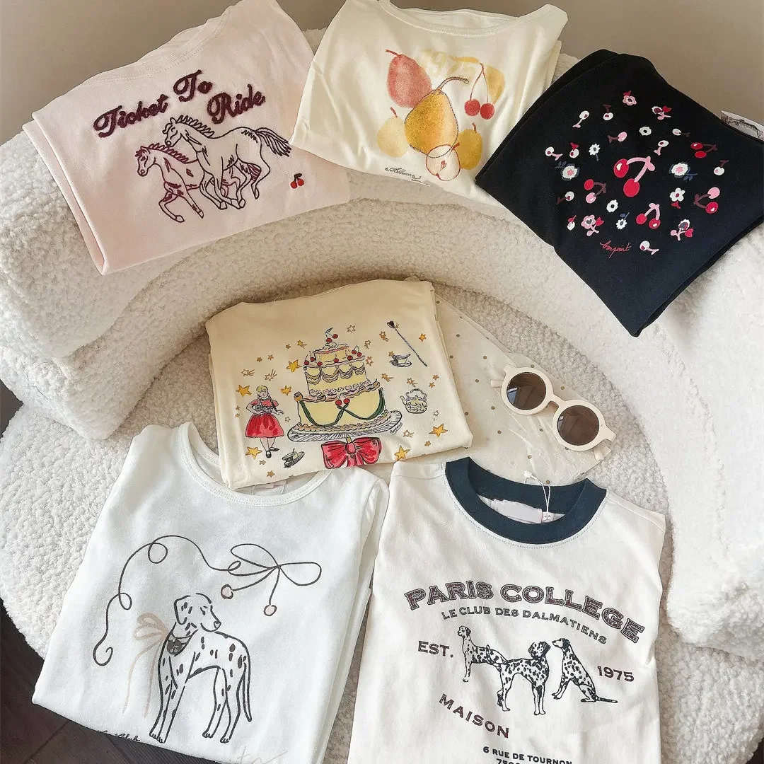 2026 Autumn BP Baby White T-shirt Girls Cherry Tee Top for Girls Kids Boutique Sequin Boys Shirt Children's Clothing